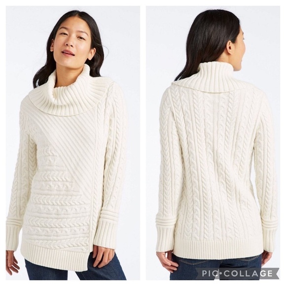 L. L. Bean Fisherman’s Mixed Stitch Cowlneck Sweater White L - Picture 1 of 11